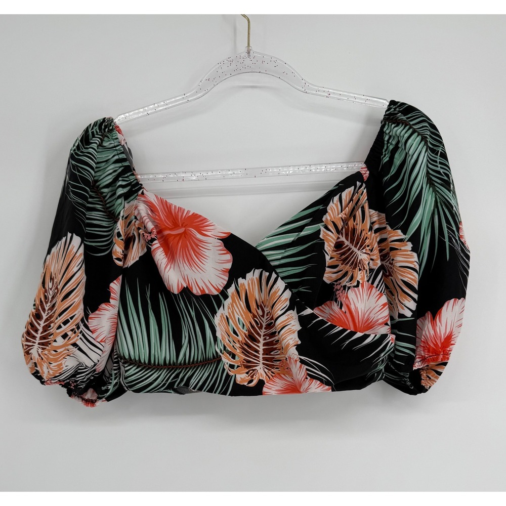 Milk & Honey Tropical Floral Puff Sleeve Crop Top Sweetheart Black Pink Sz  M